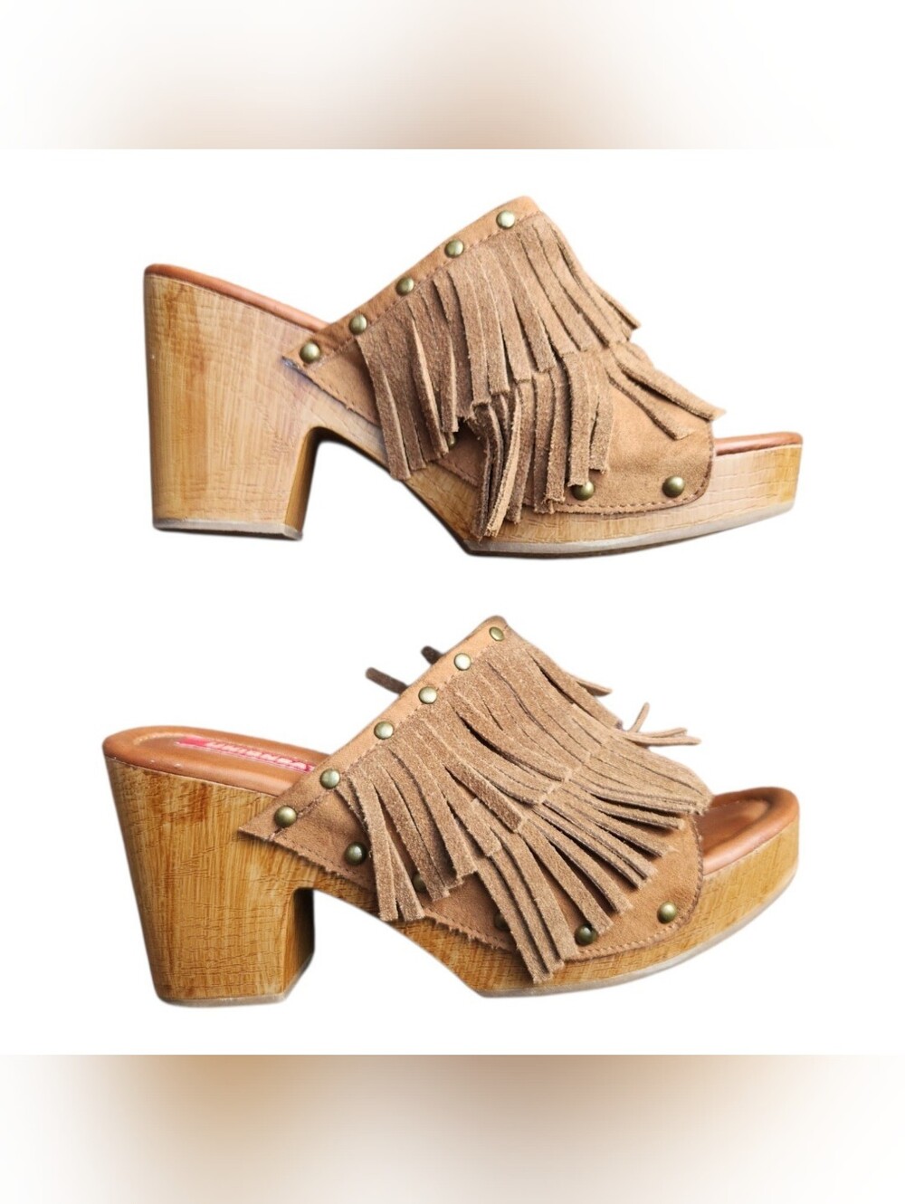 Vintage Y2K Unionbay Fringe Mule Clogs Suede Studded Wood Heel Boho Western 6.5m